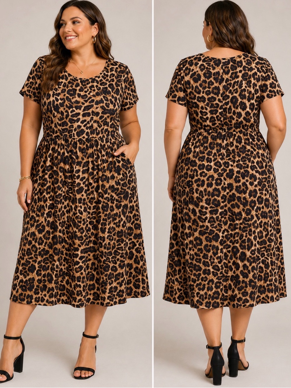 SHEIN Leopard Print Short Sleeve Midi Dress - Brown, Black